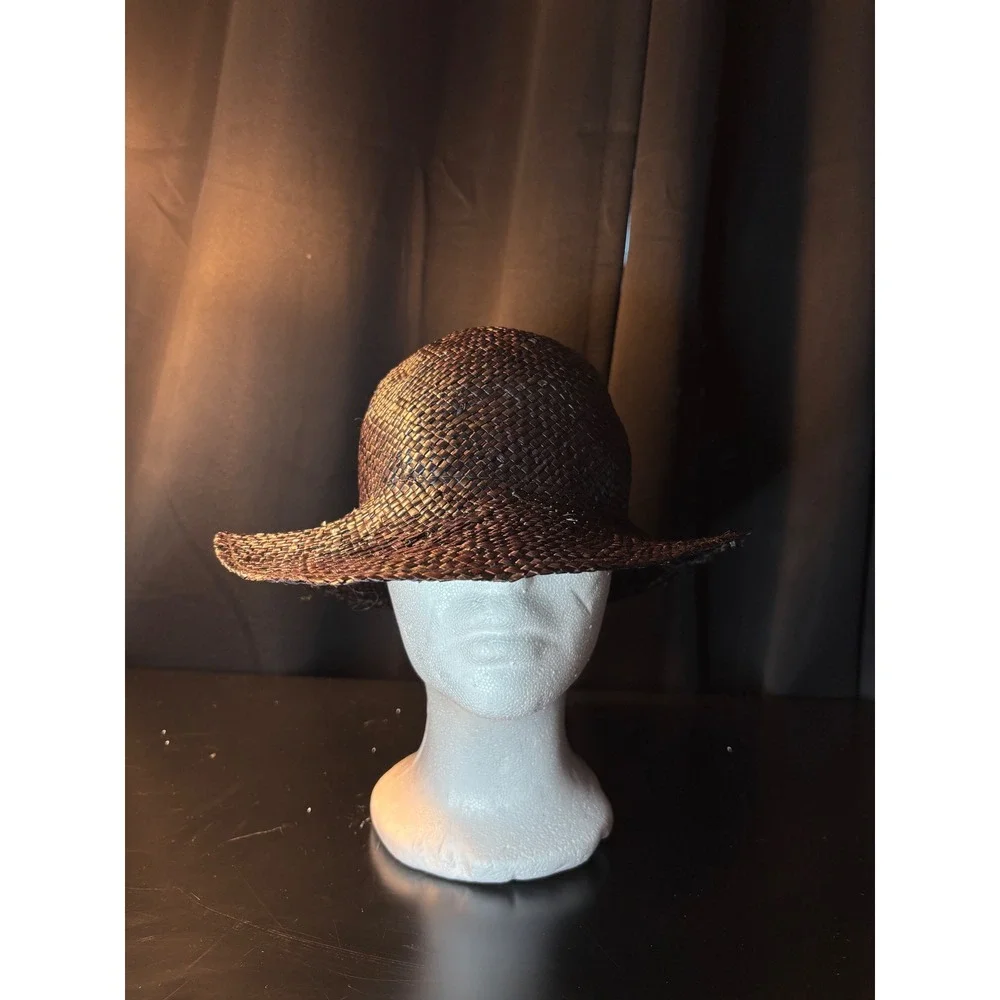 Black paper  Woven Straw Sun Hat Round Crown Summer Beach Wide Brim Fedora Style